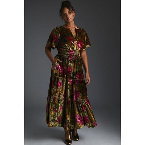 Anthropologie The Somerset Maxi in Green Floral Velvet Edition Dress XS NWT - Picture 1 of 6